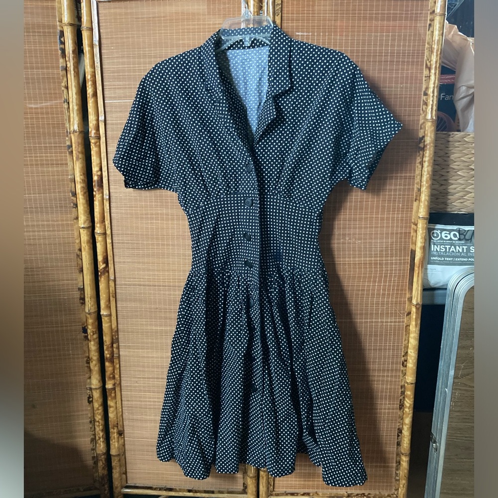 Vintage-Inspired Black Polka Dot Button-Front Dress